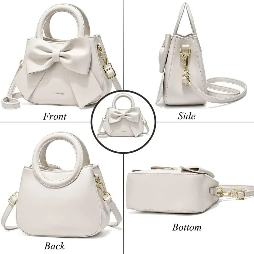 Small Leather Handbag Women Carry Handle Bow Knot Purse Crossbody Organizer